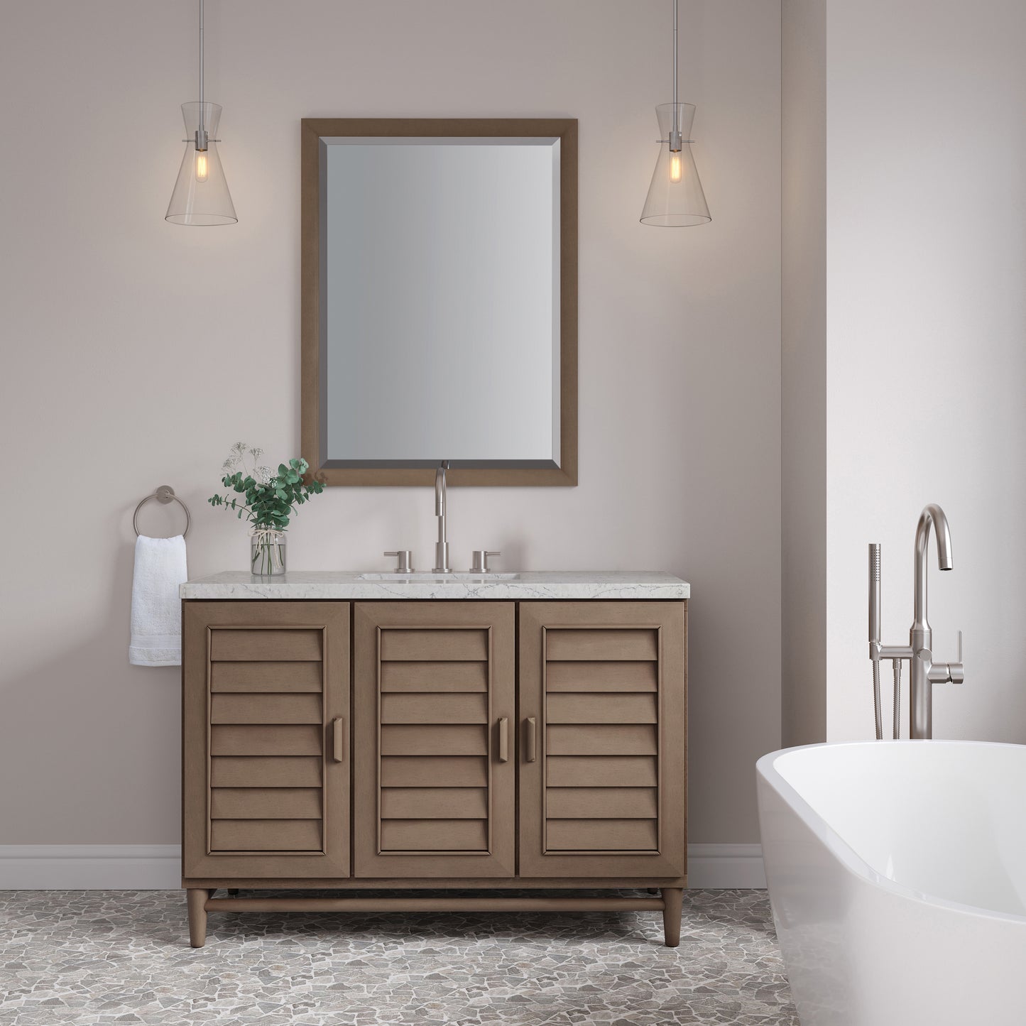 Renovate for Less Atlanta Portland 48" Single Vanity Whitewashed Walnut w/ 3 CM Eternal Jasmine Pearl Silestone Top w/FreePower Wireless Charger