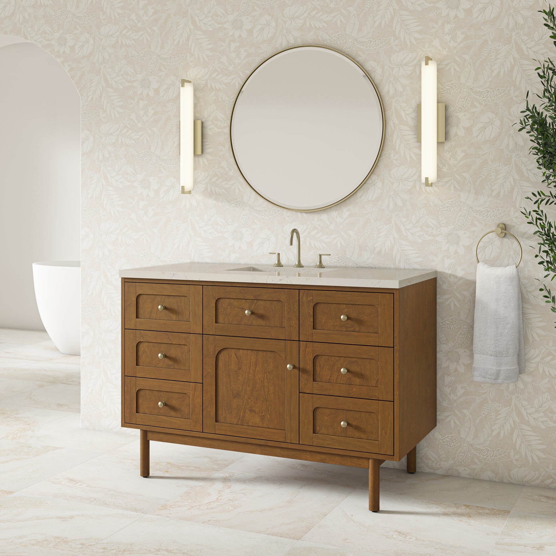 Renovate for Less Atlanta Laurent 48" Single Vanity, Honey Oak w/ 3 CM Siberian Silestone Top w/FreePower Wireless Charger