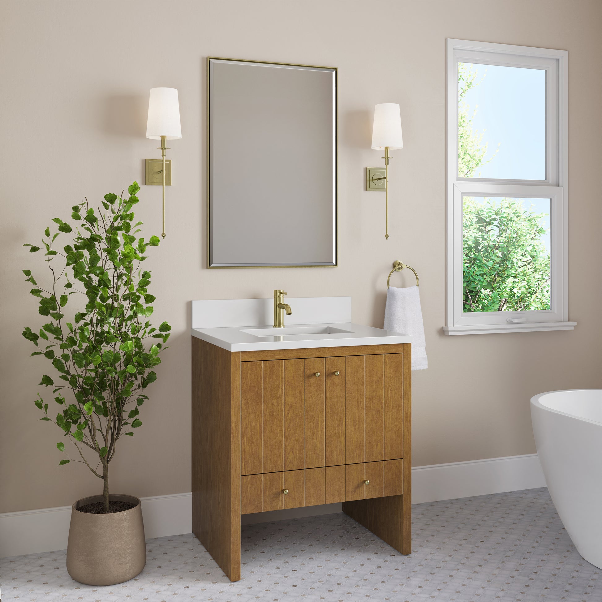 Renovate for Less Atlanta Hudson 30" Single Vanity, Honey Oak w/ Single Hole 3 CM White Zeus Silestone Top and Matching Backsplash
