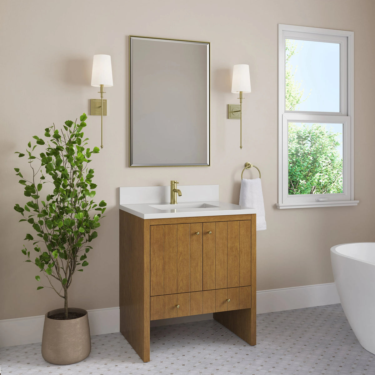 Hudson 30" Single Vanity, Honey Oak w/ Single Hole 3 CM White Zeus Silestone Top and Matching Backsplash