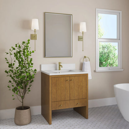 Hudson 30" Single Vanity, Honey Oak w/ Single Hole 3 CM White Zeus Silestone Top and Matching Backsplash