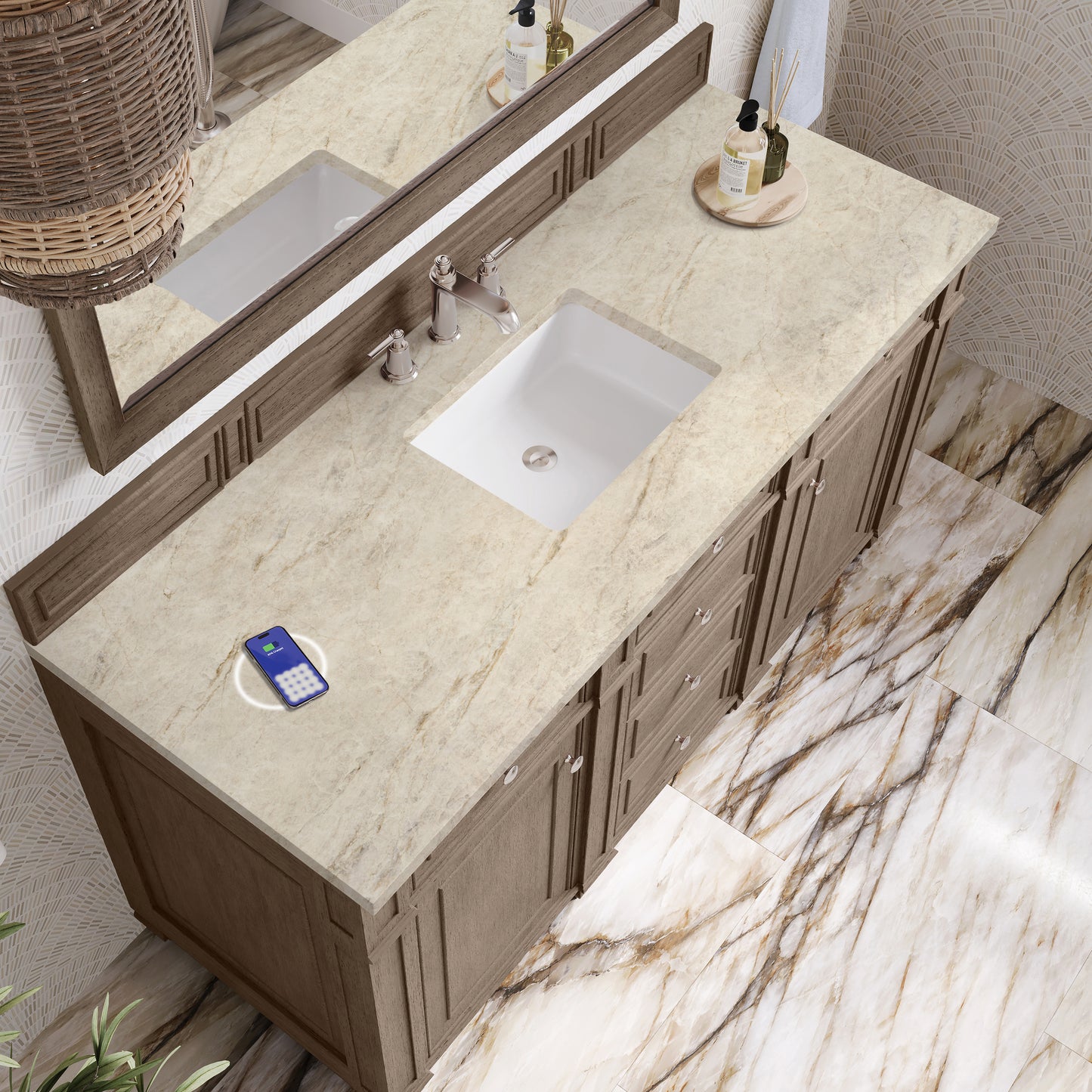 Renovate for Less Atlanta Bristol 60" Single Vanity Whitewashed Walnut, w/ 3 CM Tajnar Eclos Top w/FreePower Wireless Charger