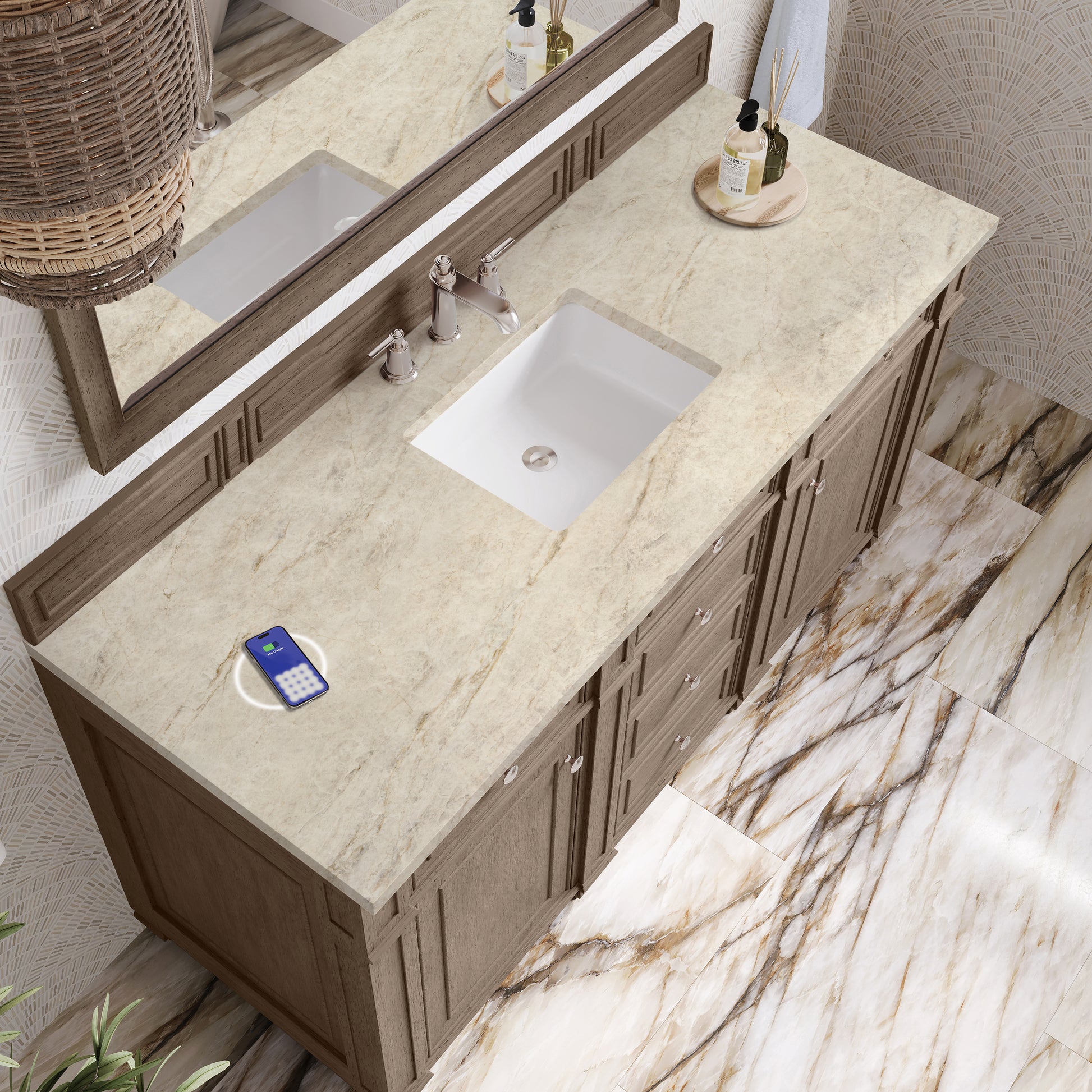 Renovate for Less Atlanta Bristol 60" Single Vanity Whitewashed Walnut, w/ 3 CM Tajnar Eclos Top w/FreePower Wireless Charger