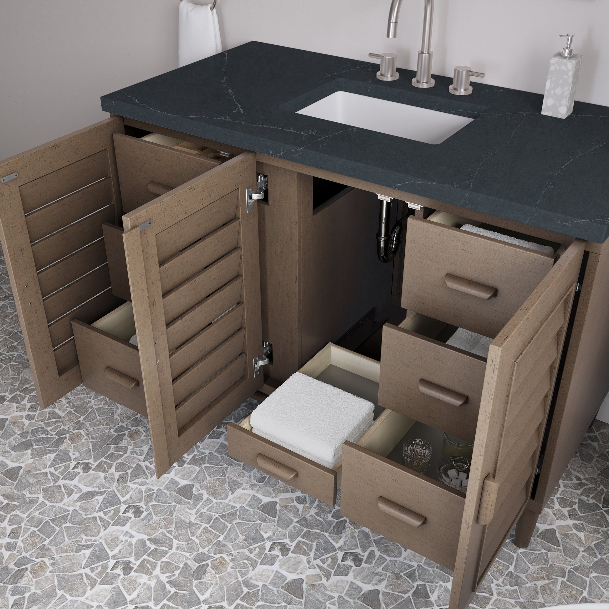 Renovate for Less Atlanta Portland 48" Single Vanity Whitewashed Walnut w/ 3 CM Charcoal Soapstone Silestone Top