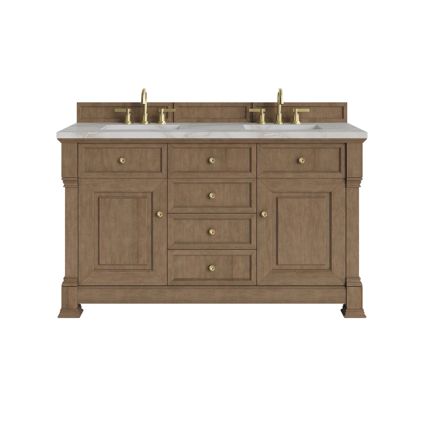 Renovate for Less Atlanta Brookfield 60" Double Vanity, Pecan w/ 3 CM Victorian Silver Silestone Top w/FreePower Wireless Charger