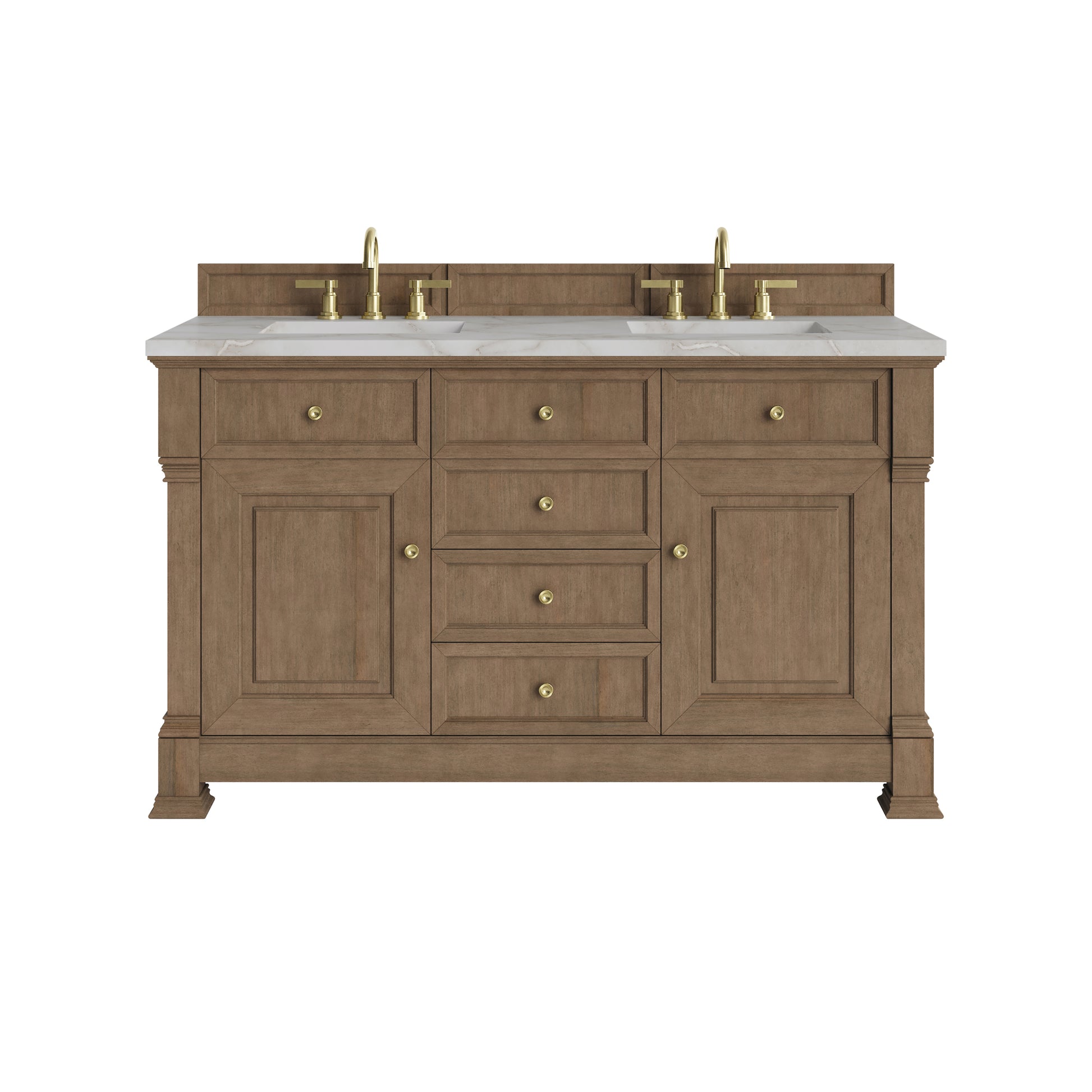 Renovate for Less Atlanta Brookfield 60" Double Vanity, Pecan w/ 3 CM Victorian Silver Silestone Top w/FreePower Wireless Charger