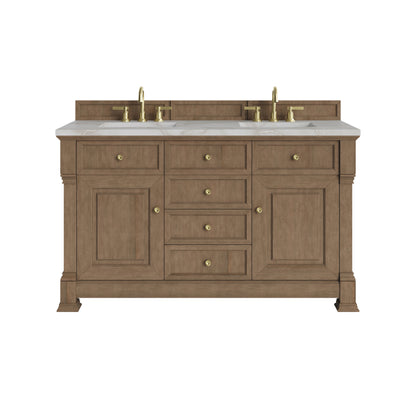 Renovate for Less Atlanta Brookfield 60" Double Vanity, Pecan w/ 3 CM Victorian Silver Silestone Top w/FreePower Wireless Charger