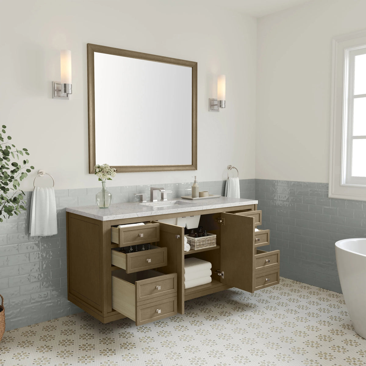 Chicago 60" Single Vanity, Walnut Whisper, w/ 3 CM Eternal Jasmine Pearl Silestone Top w/ FreePower Wireless Charger
