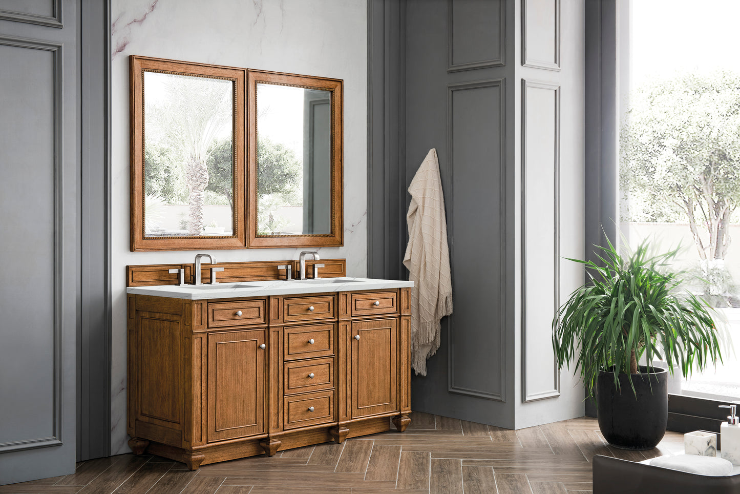 Renovate for Less Atlanta Bristol 60" Double Vanity, Saddle Brown w/ 3 CM Ethereal Noctis Silestone Top w/FreePower Wireless Charger
