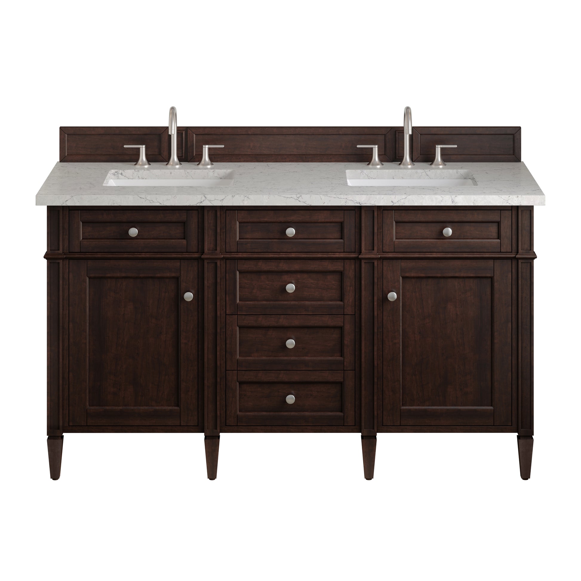 Renovate for Less Atlanta Brittany 60" Double Vanity, Burnished Mahogany w/ 3 CM Eternal Jasmine Pearl Silestone Top
