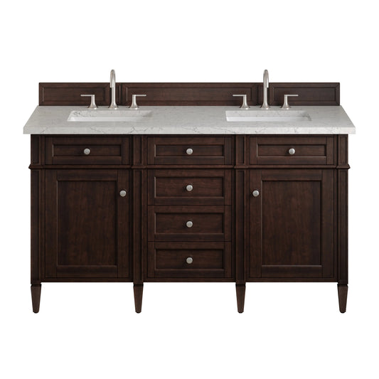 Brittany 60" Double Vanity, Burnished Mahogany w/ 3 CM Eternal Jasmine Pearl Silestone Top