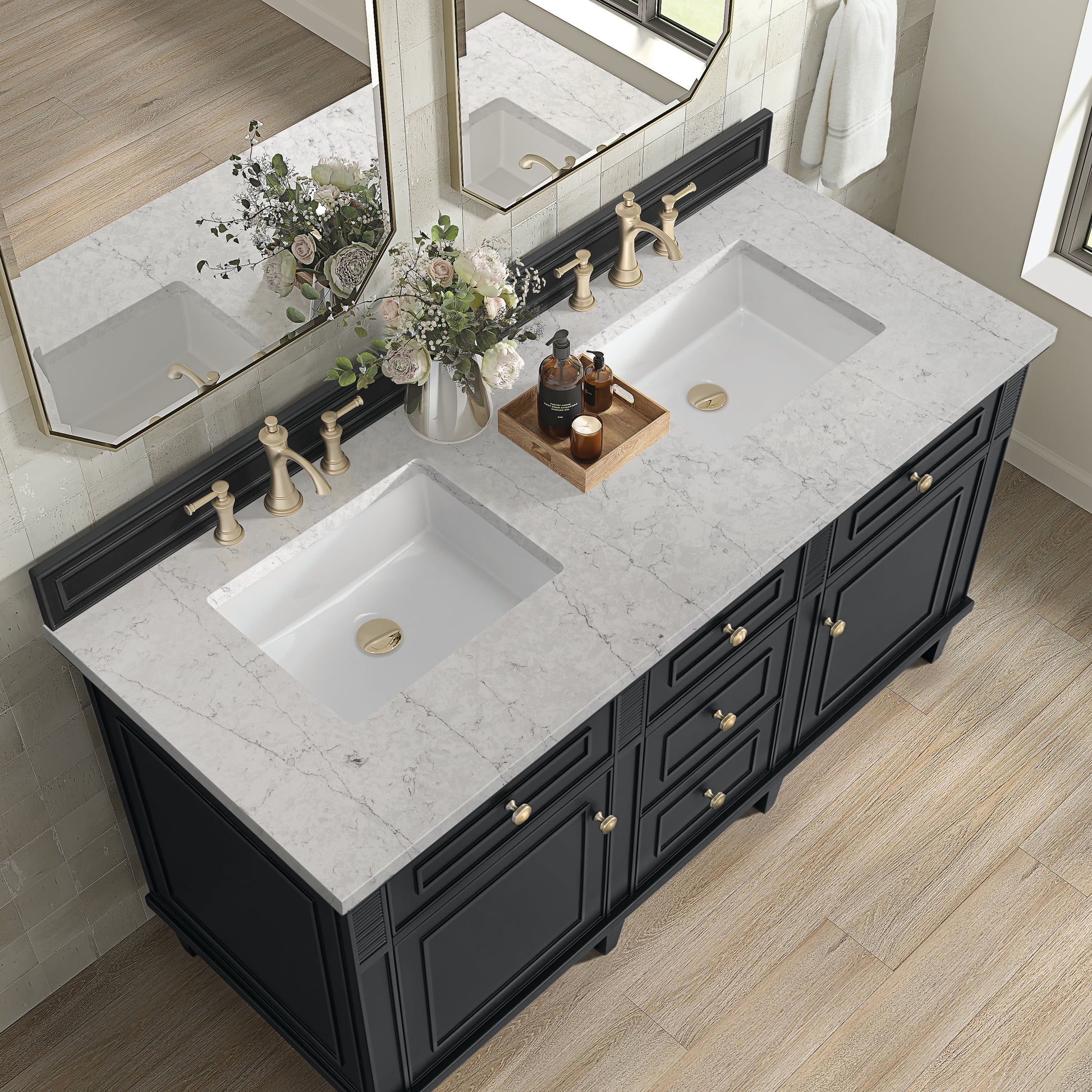 Renovate for Less Atlanta Lorelai 60" Double Vanity, Black Onyx w/ 3 CM Eternal Jasmine Pearl Silestone Top