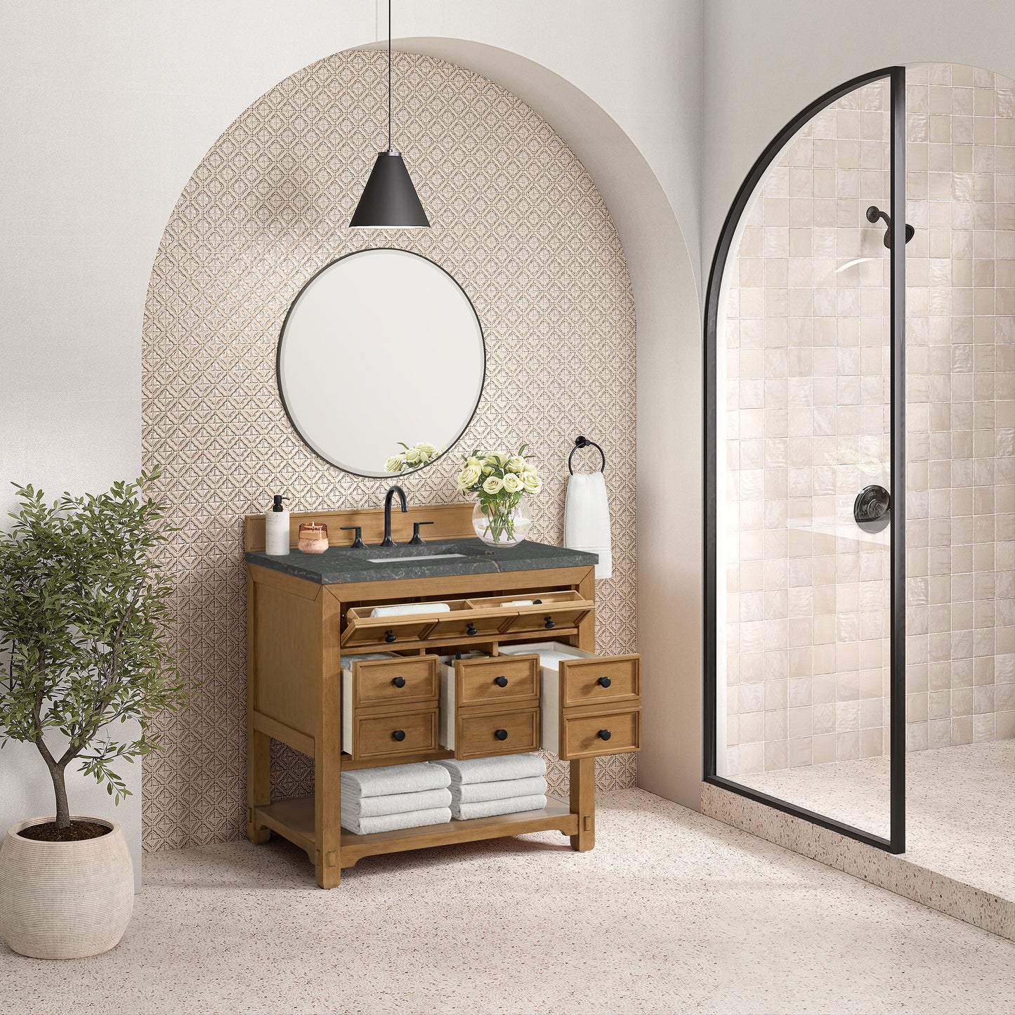 Renovate for Less Atlanta Malibu 36" Single Vanity, Amber Birch w/ 3 CM Parisien Bleu Top