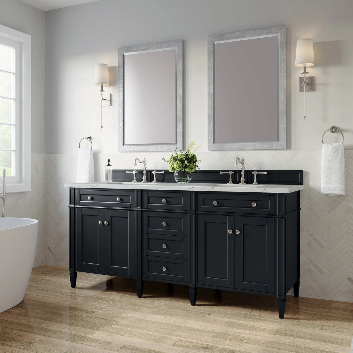 Brittany 72" Double Vanity, Black Onyx w/ 3 CM Ethereal Noctis Silestone Top
