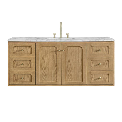 Renovate for Less Atlanta Laurent 60" Single Vanity, Light Natural Oak, w/ 3 CM Carrara Marble Top