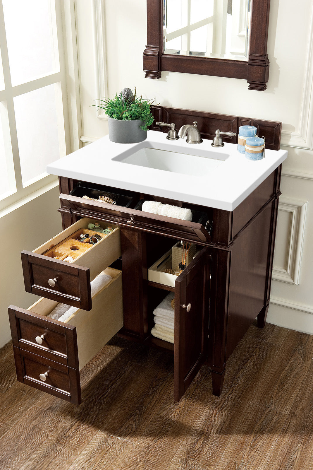 Renovate for Less Atlanta Brittany 30" Single Vanity, Burnished Mahogany, w/ 3 CM White Zeus Silestone Top