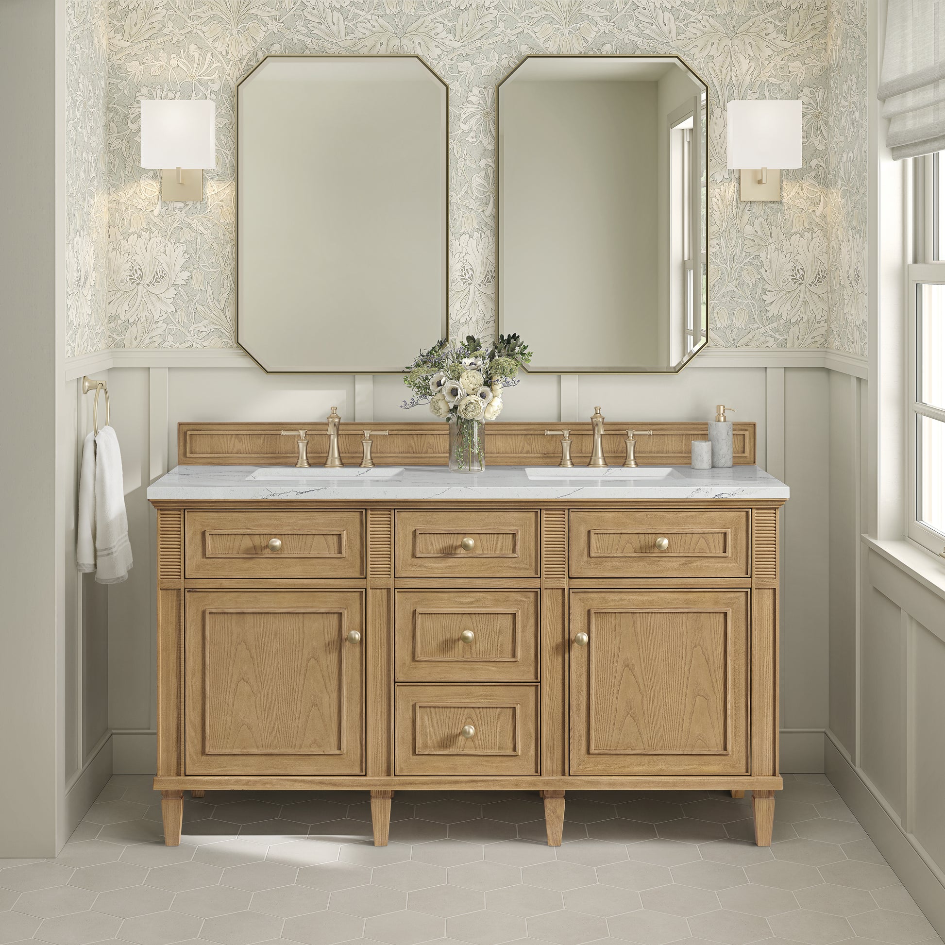 Renovate for Less Atlanta Lorelai 60" Double Vanity, Light Natural Oak w/ 3 CM Ethereal Noctis Silestone Top w/FreePower Wireless Charger