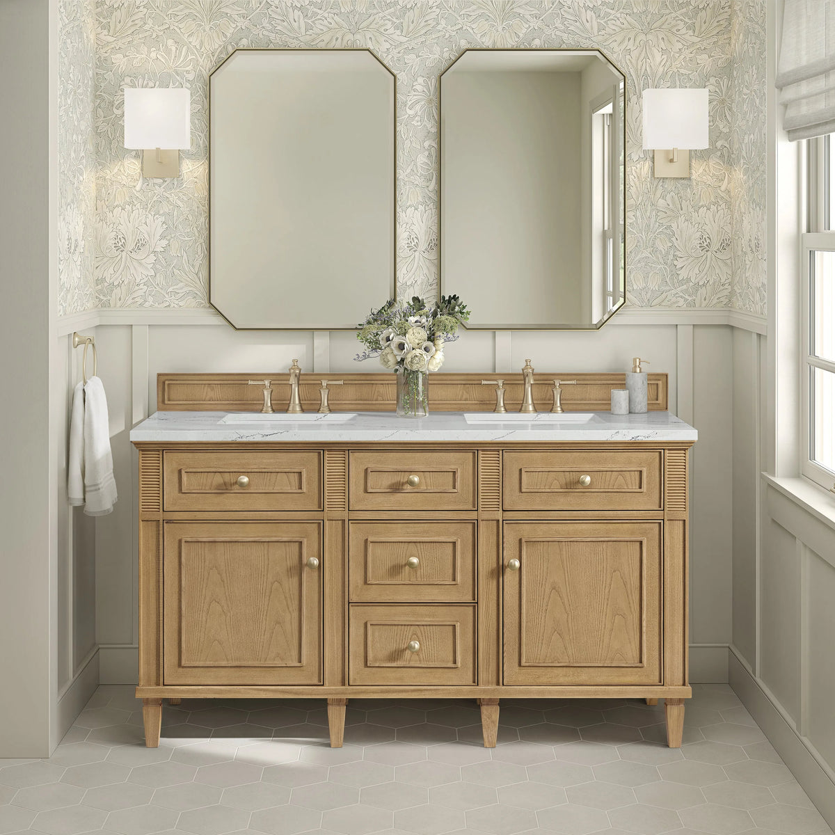 Lorelai 60" Double Vanity, Light Natural Oak w/ 3 CM Ethereal Noctis Silestone Top w/FreePower Wireless Charger