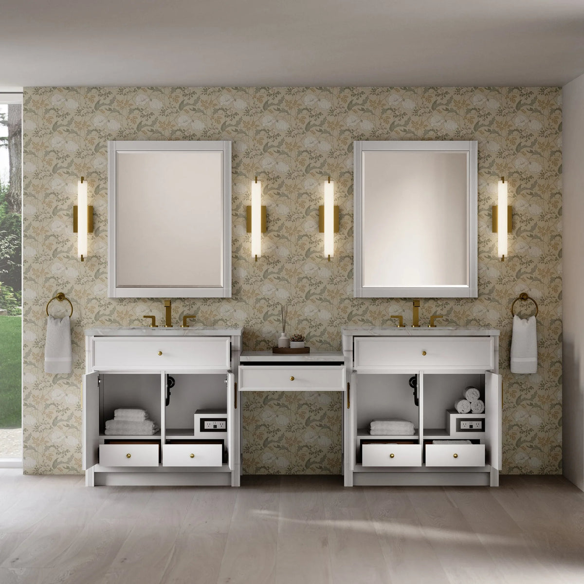 Bellshire 96" Dual Vanity Set with 24" Make-Up Counter, Bright White w/3 cm Victorian Silver Silestone Top