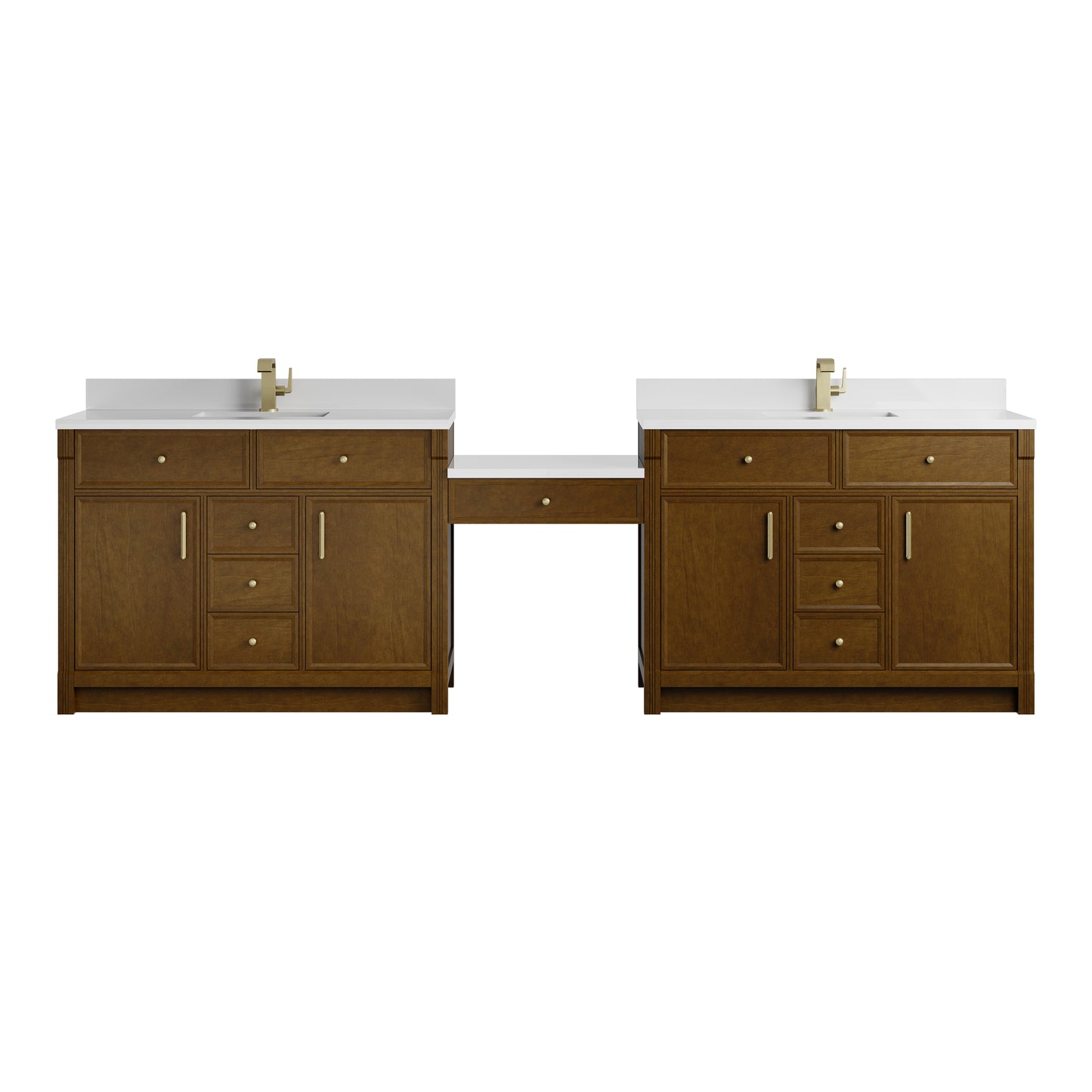 Renovate for Less Atlanta Bellshire 120" Dual Vanity Set with 24" Make-Up Counter, Honey Oak w/Single Hole 3 cm White Zeus Silestone Top & Backsplash