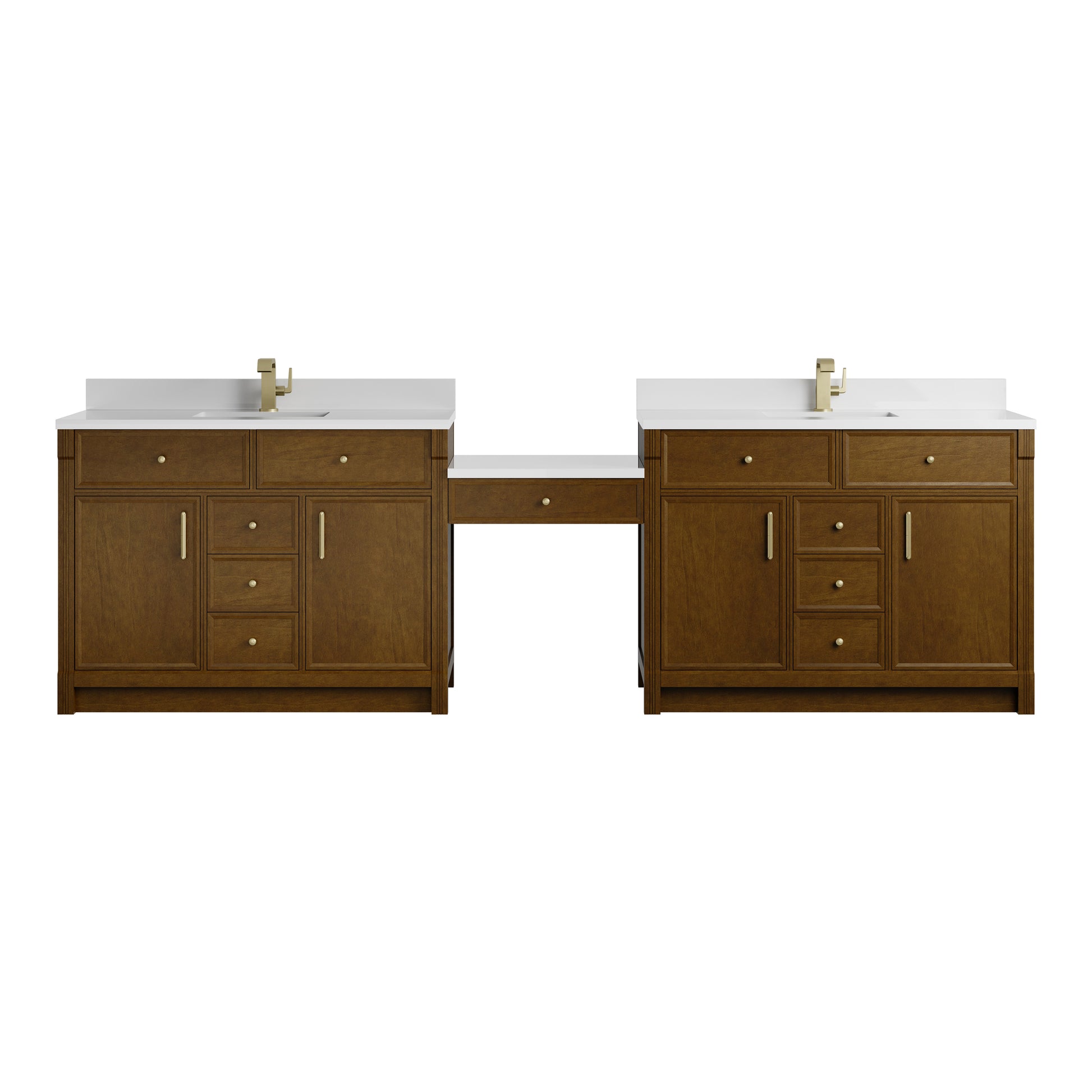 Renovate for Less Atlanta Bellshire 120" Dual Vanity Set with 24" Make-Up Counter, Honey Oak w/Single Hole 3 cm White Zeus Silestone Top & Backsplash