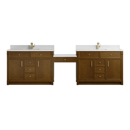 Renovate for Less Atlanta Bellshire 120" Dual Vanity Set with 24" Make-Up Counter, Honey Oak w/Single Hole 3 cm White Zeus Silestone Top & Backsplash