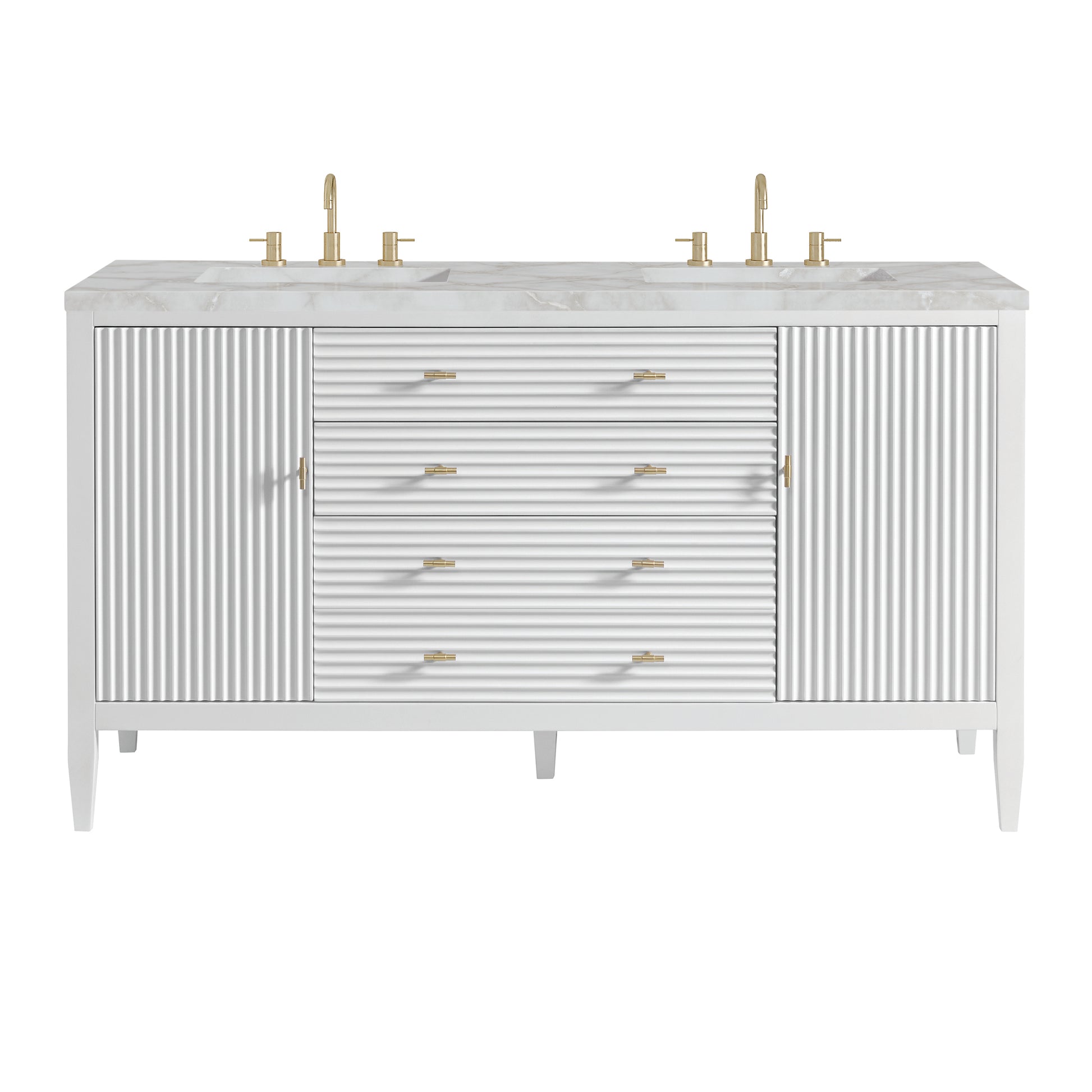 Renovate for Less Atlanta Myrrin 60" Double Vanity, Bright White w/ 3 CM Victorian Silver Silestone Top w/FreePower Wireless Charger