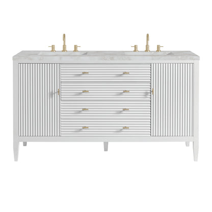 Renovate for Less Atlanta Myrrin 60" Double Vanity, Bright White w/ 3 CM Victorian Silver Silestone Top w/FreePower Wireless Charger