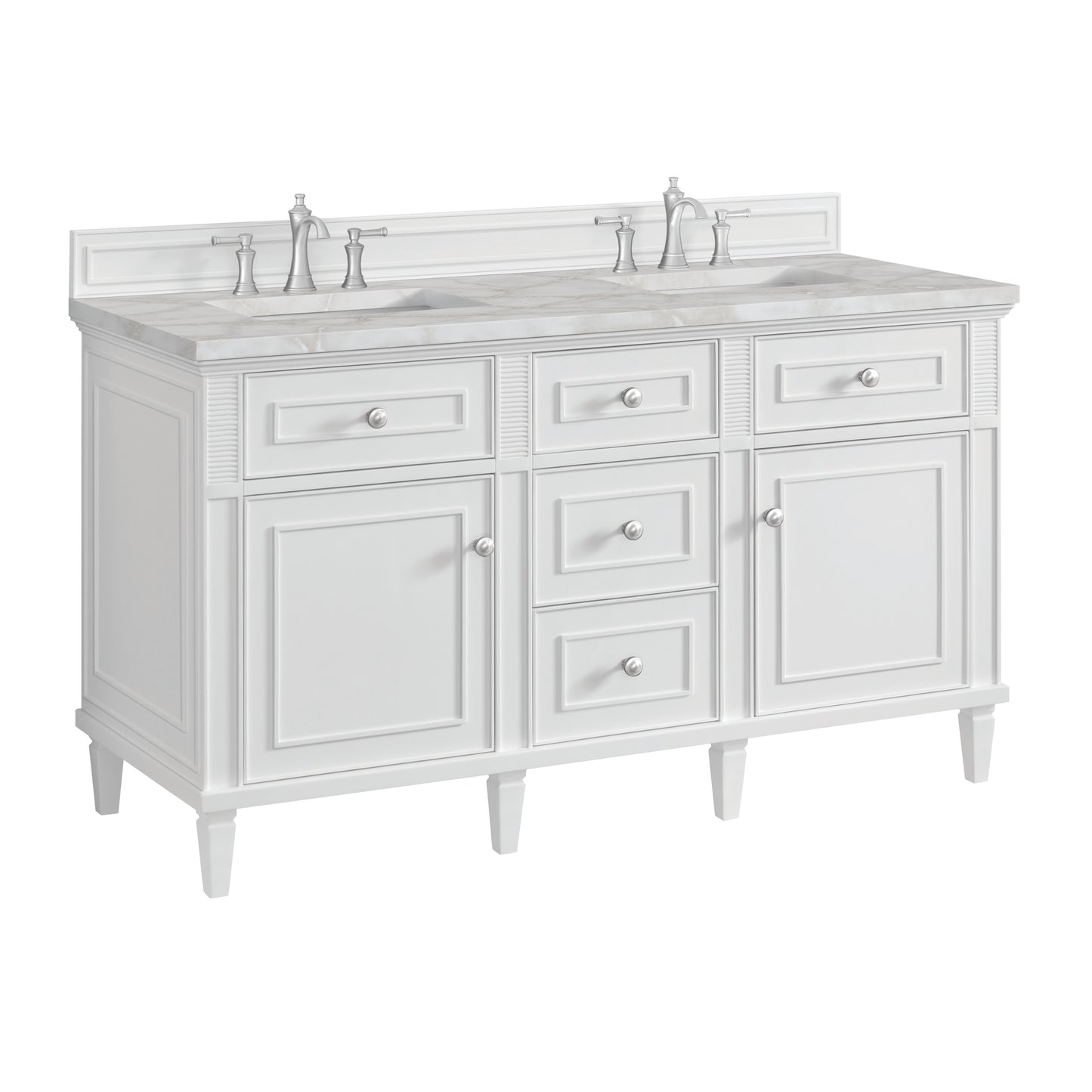 Renovate for Less Atlanta Lorelai 60" Double Vanity, Bright White w/ 3 CM Victorian Silver Silestone Top w/FreePower Wireless Charger