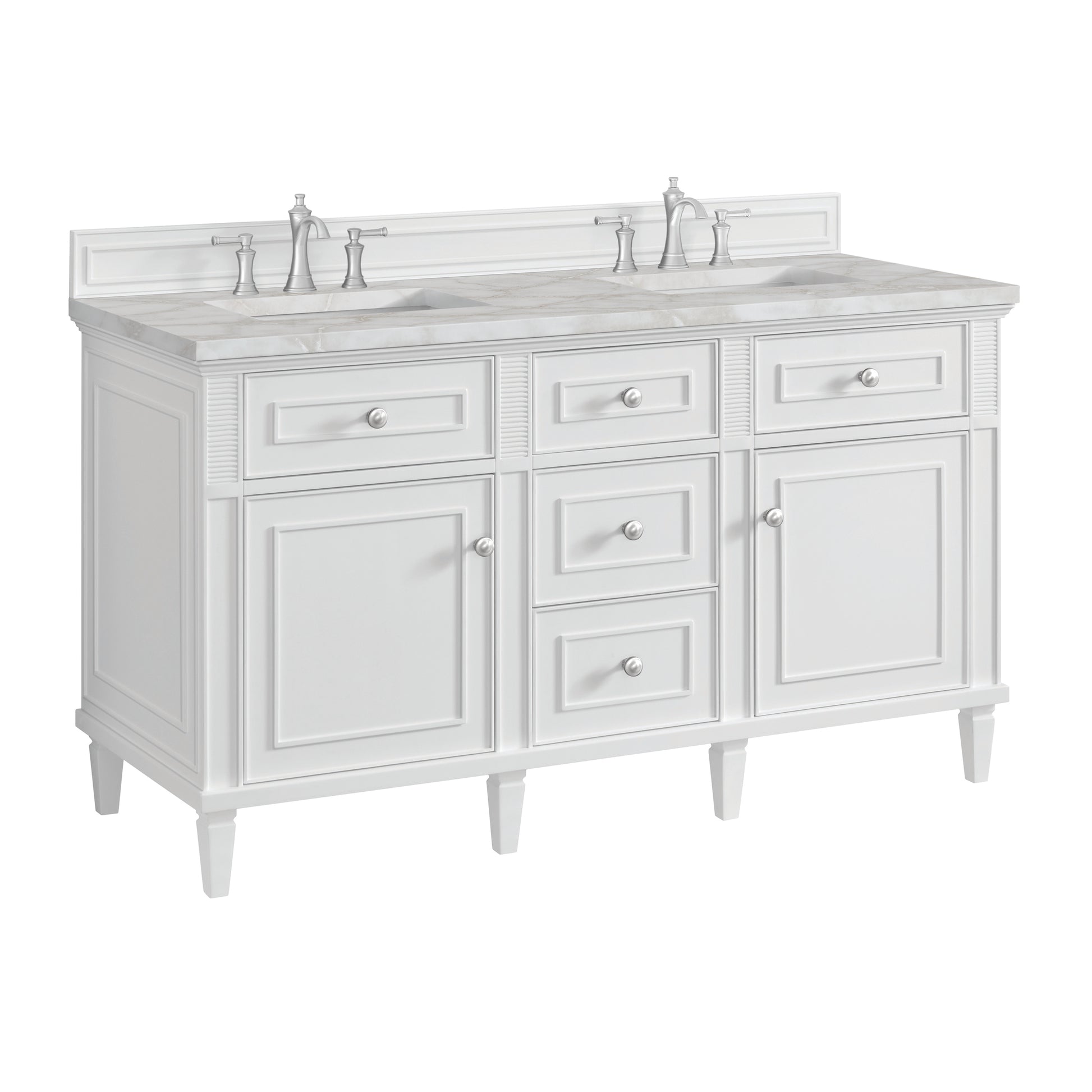 Renovate for Less Atlanta Lorelai 60" Double Vanity, Bright White w/ 3 CM Victorian Silver Silestone Top w/FreePower Wireless Charger