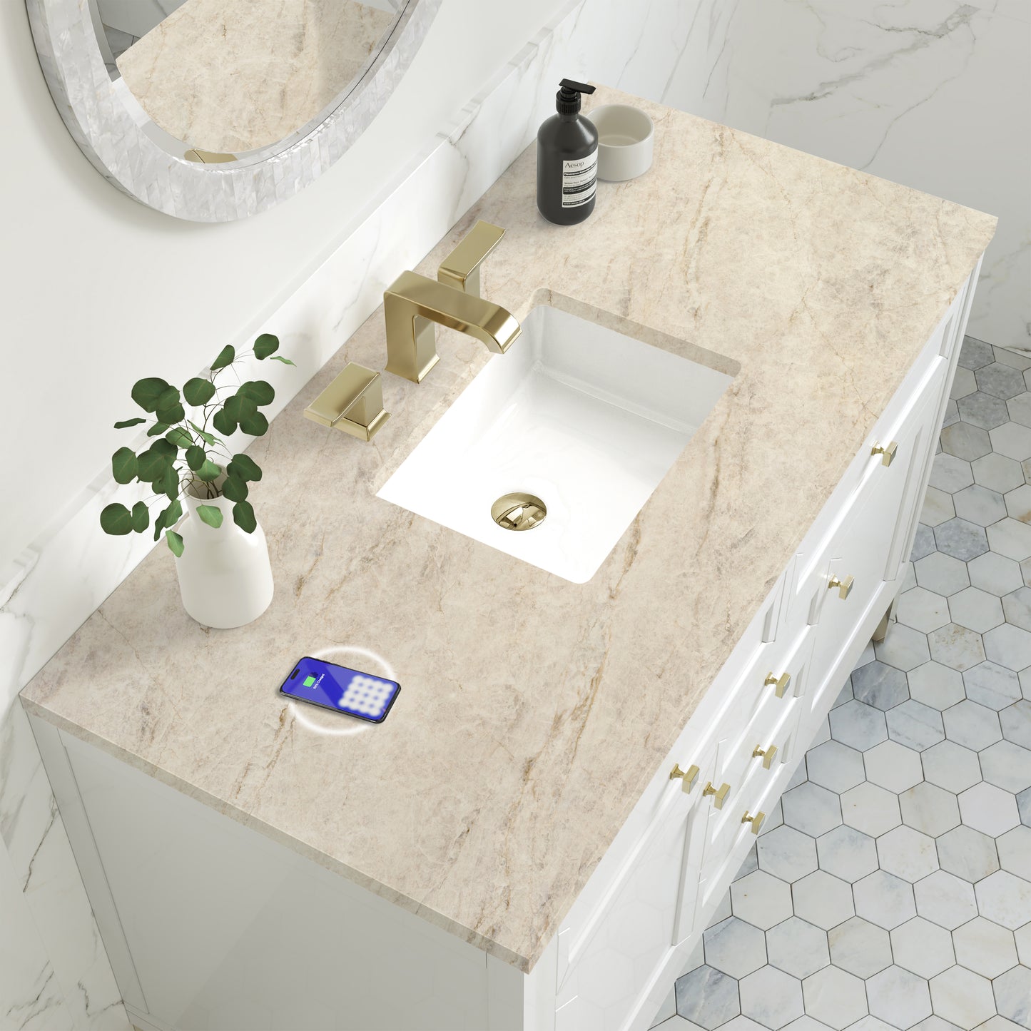 Renovate for Less Atlanta Chicago 48" Single Vanity, Glossy White, w/ 3 CM Tajnar Eclos Top w/FreePower Wireless Charger