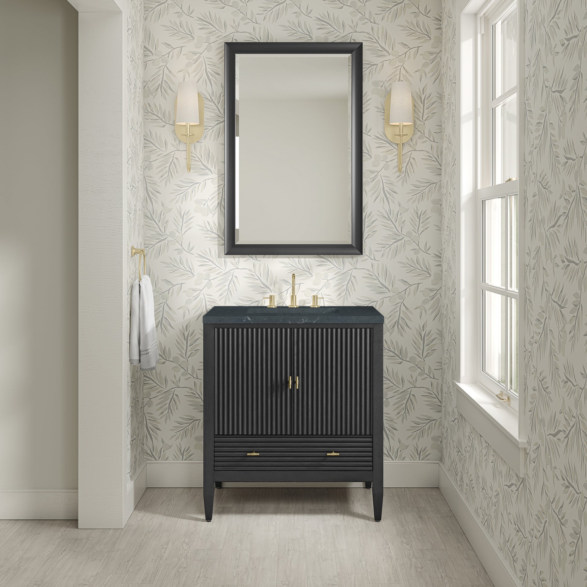 Renovate for Less Atlanta Myrrin 30" Single Vanity, Carbon Oak w/ 3 CM Charcoal Soapstone Silestone Top