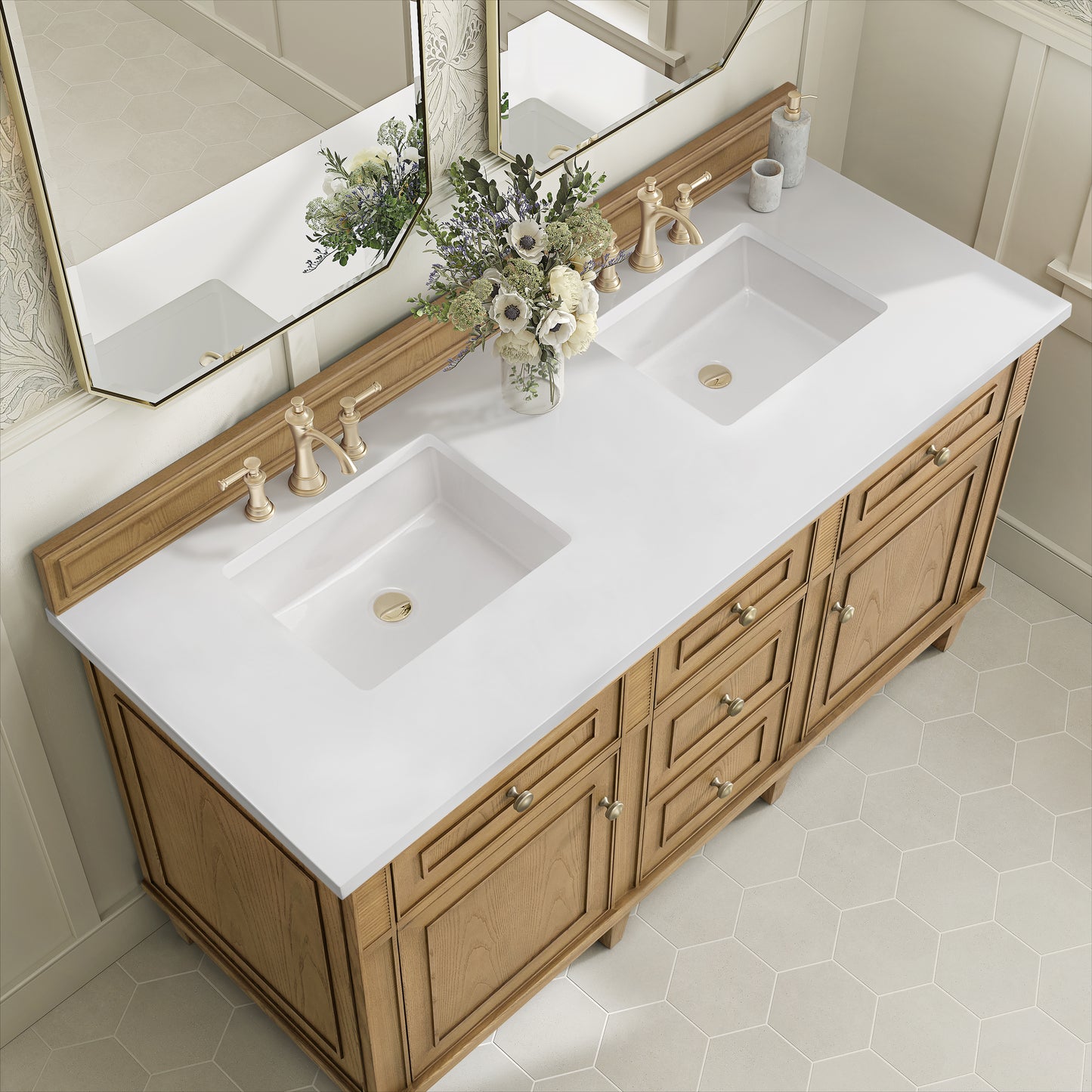 Renovate for Less Atlanta Lorelai 60" Double Vanity, Light Natural Oak w/ 3 CM White Zeus Silestone Top
