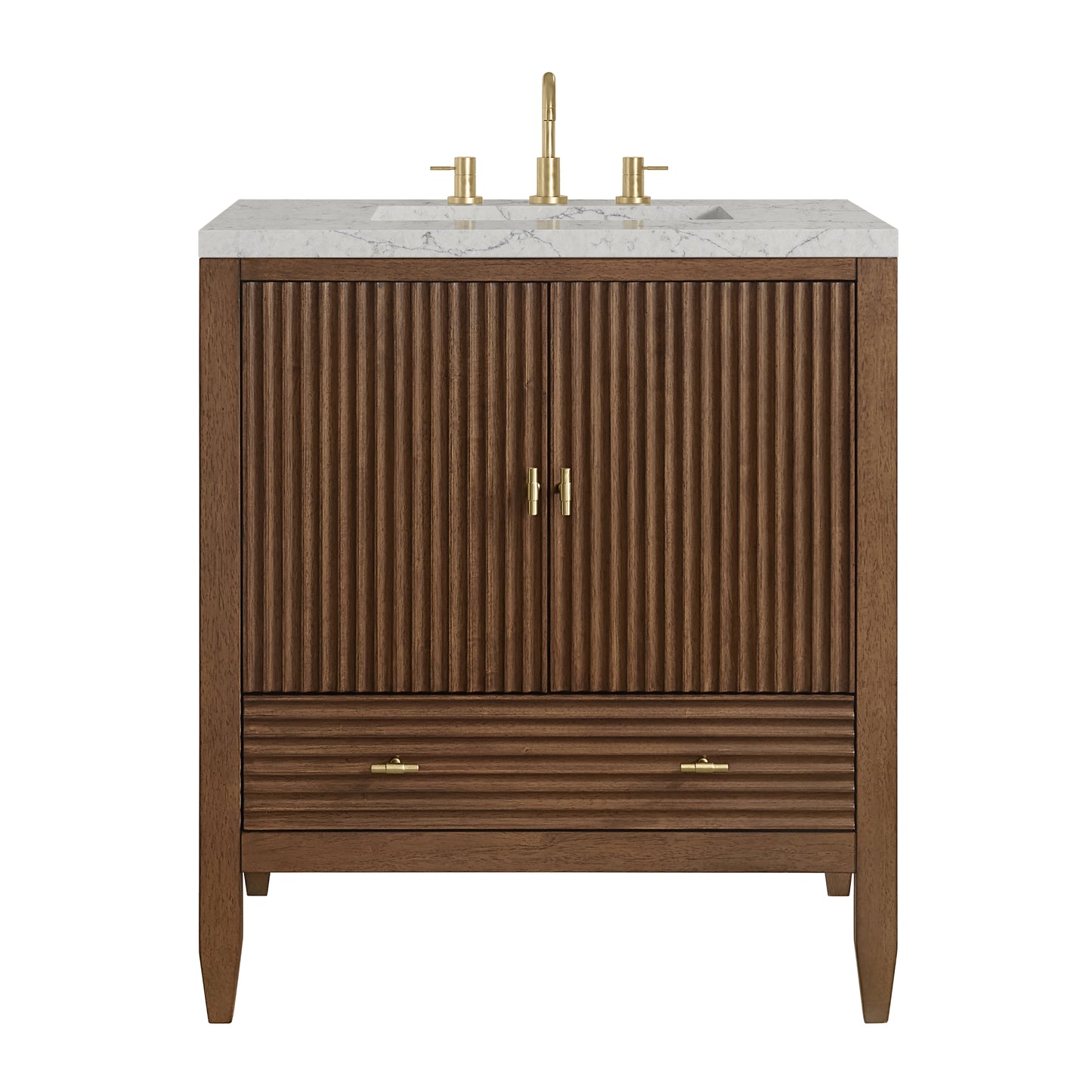 Renovate for Less Atlanta Myrrin 30" Single Vanity, Mid-Century Walnut w/ 3 CM Eternal Jasmine Pearl Silestone Top