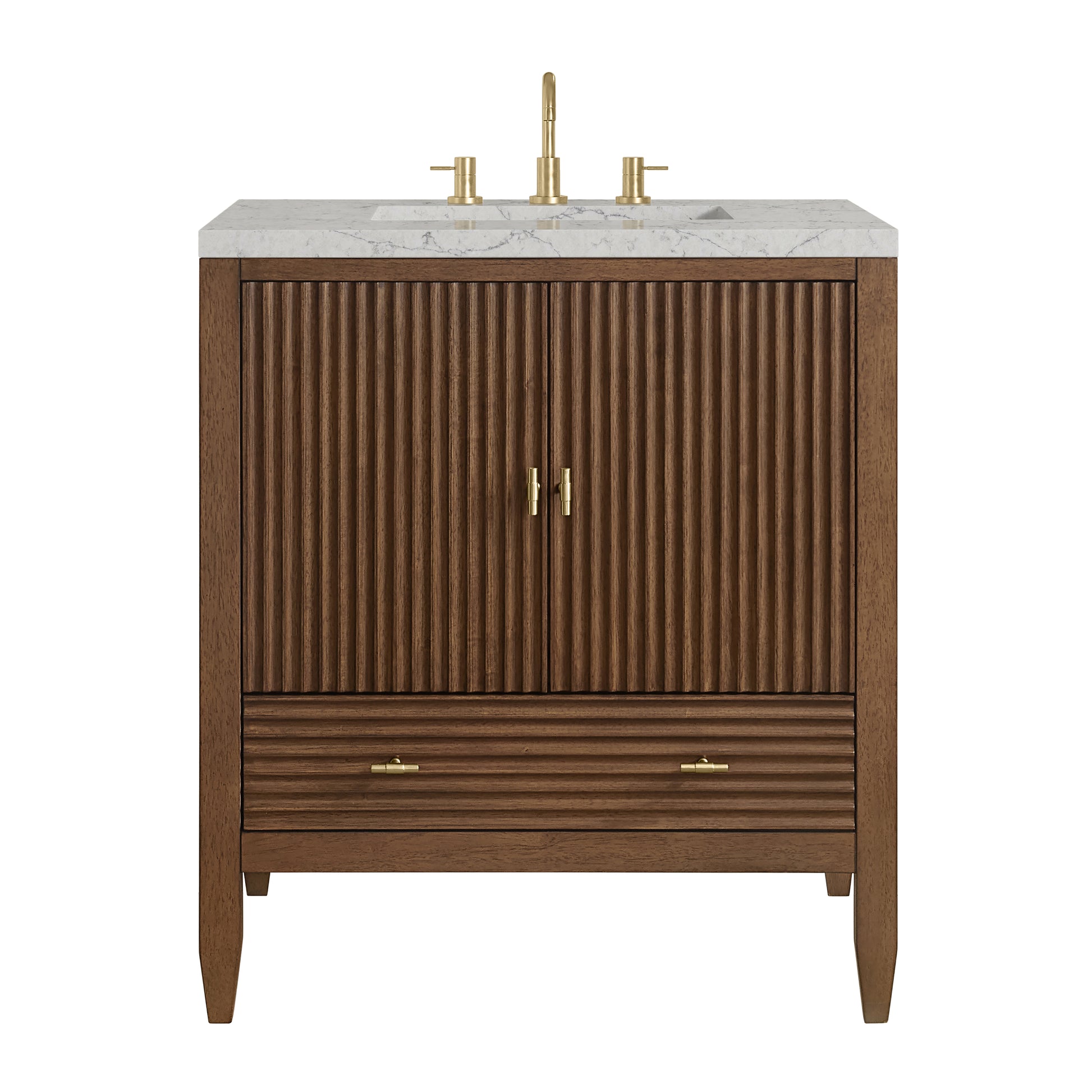 Renovate for Less Atlanta Myrrin 30" Single Vanity, Mid-Century Walnut w/ 3 CM Eternal Jasmine Pearl Silestone Top