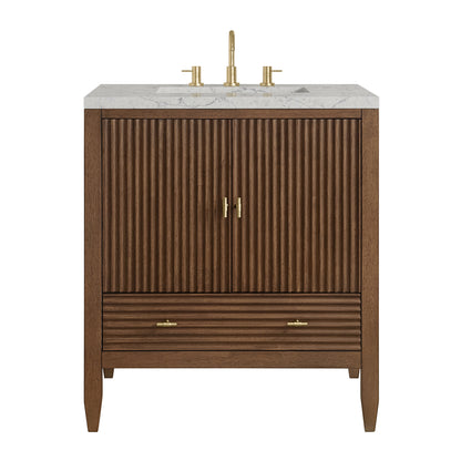 Renovate for Less Atlanta Myrrin 30" Single Vanity, Mid-Century Walnut w/ 3 CM Eternal Jasmine Pearl Silestone Top