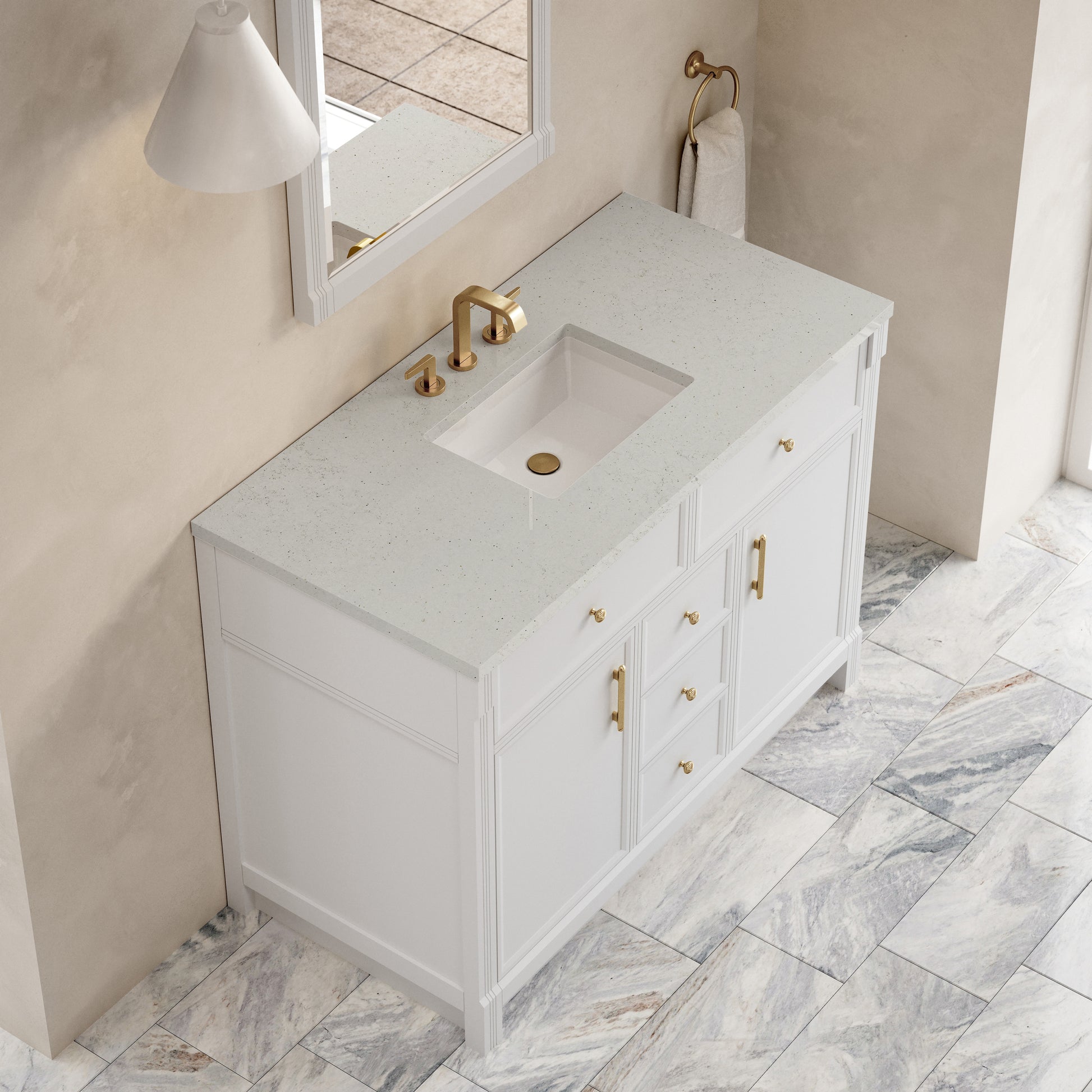 Renovate for Less Atlanta Bellshire 48" Single Vanity, Bright White w/ 3 CM Lime Delight Silestone Top