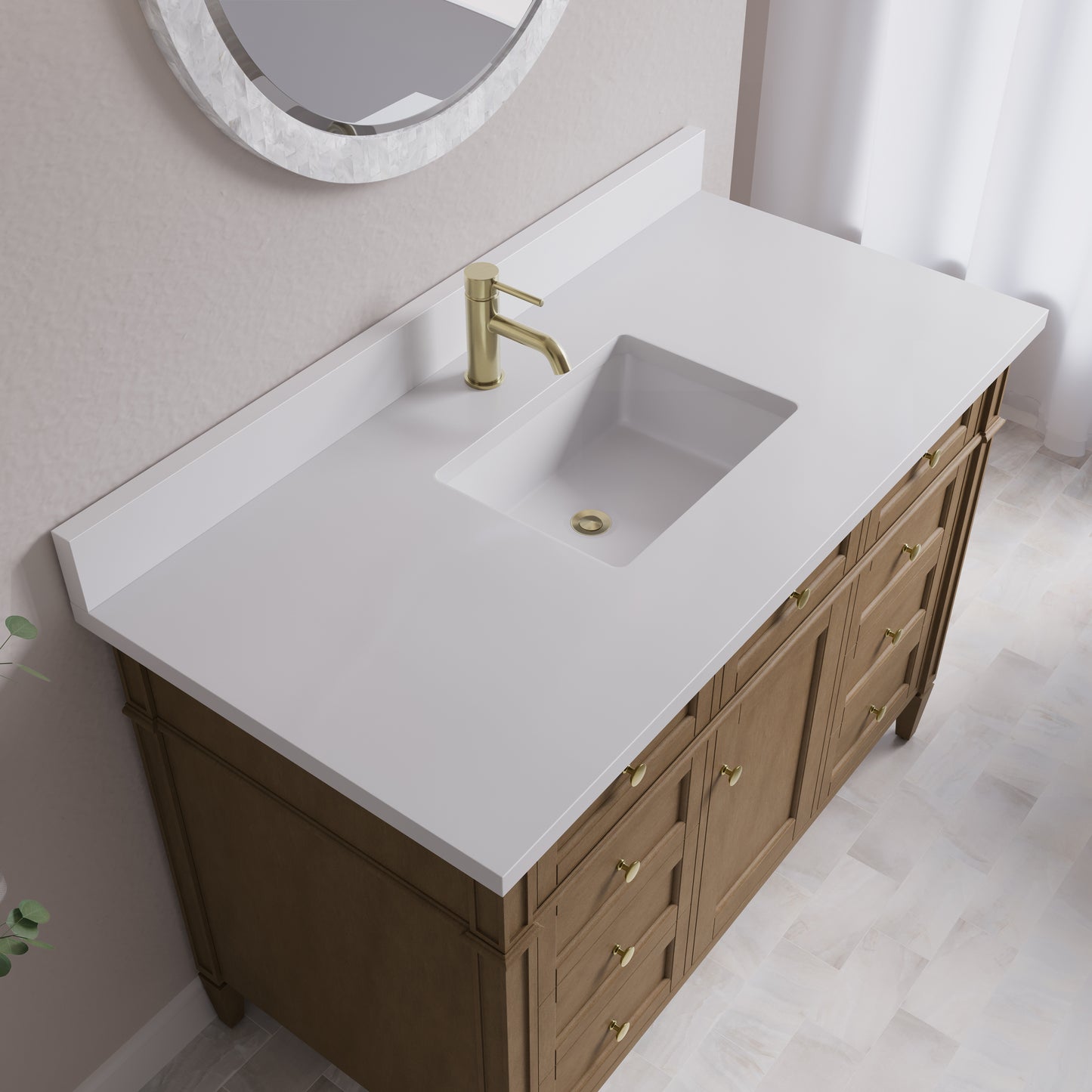 Renovate for Less Atlanta Brittany 48" Single Vanity, Pecan w/ Single Hole 3 CM White Zeus Silestone Top and Matching Backsplash