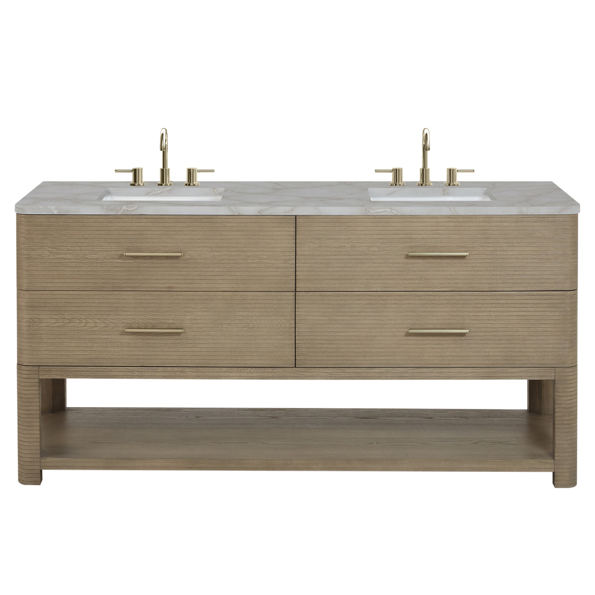 Renovate for Less Atlanta Lucian 72" Double Vanity, Pebble Oak w/ 3 CM Victorian Silver Silestone Top w/FreePower Wireless Charger