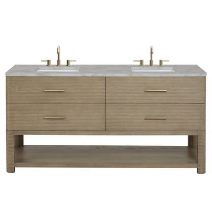 Renovate for Less Atlanta Lucian 72" Double Vanity, Pebble Oak w/ 3 CM Victorian Silver Silestone Top w/FreePower Wireless Charger