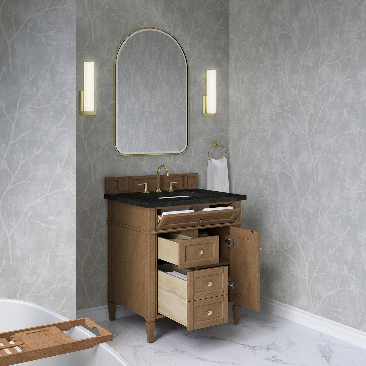 Renovate for Less Atlanta Brittany 30" Single Vanity, Pecan w/ 3 CM Phantome Eclos Top