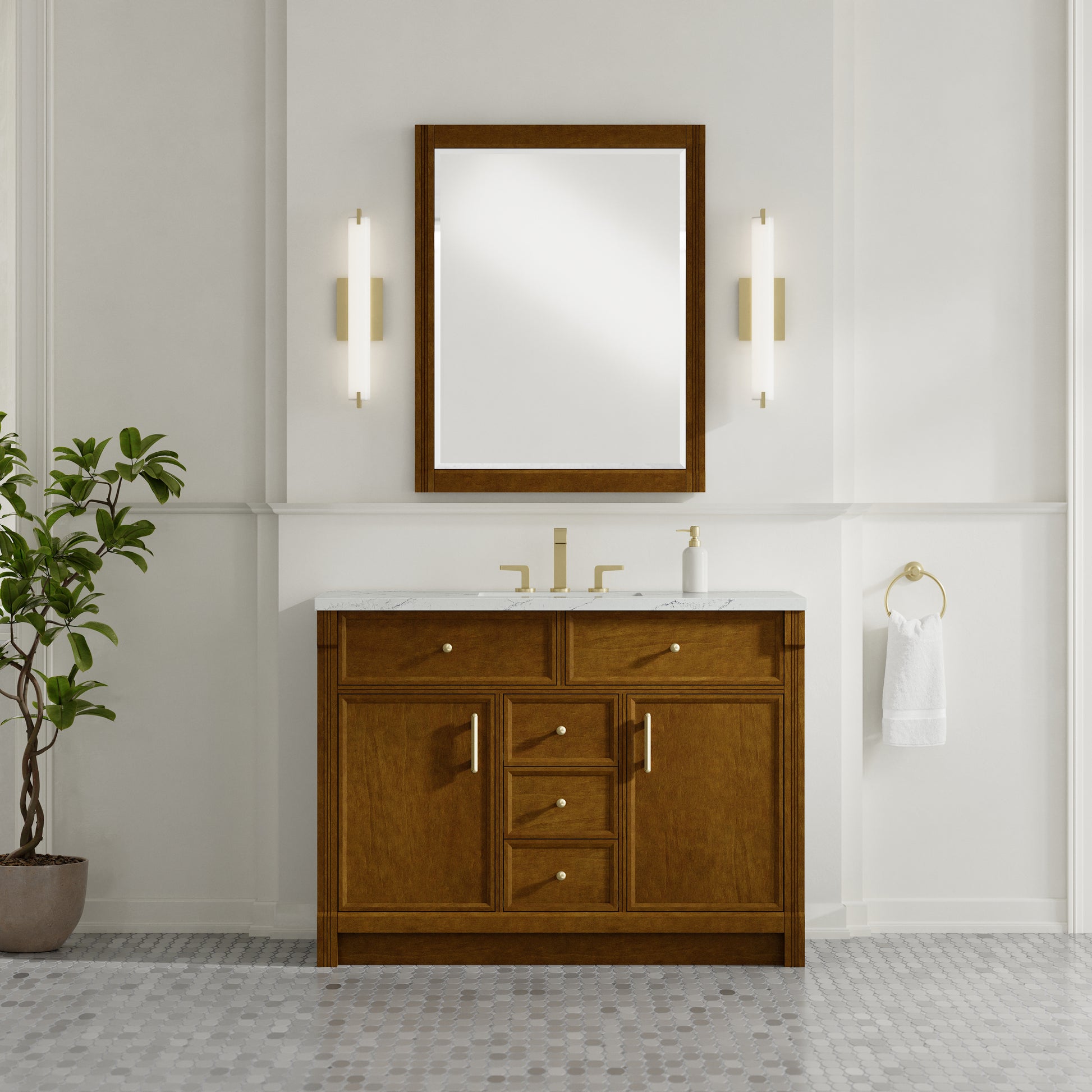 Renovate for Less Atlanta Bellshire 48" Single Vanity, Honey Oak w/ 3 CM Ethereal Noctis Silestone Top