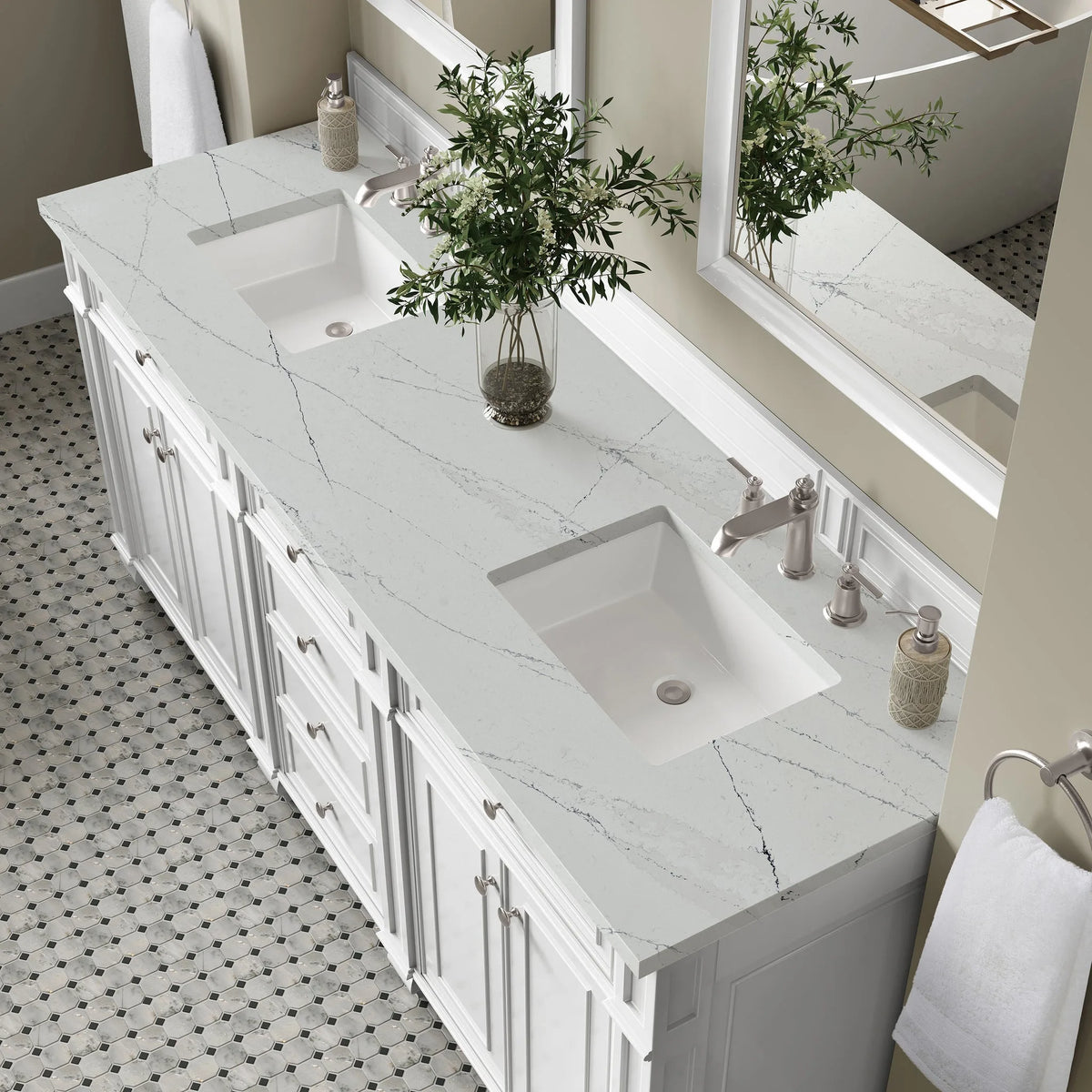 Bristol 72" Double Vanity, Bright White w/ 3 CM Ethereal Noctis Silestone Top