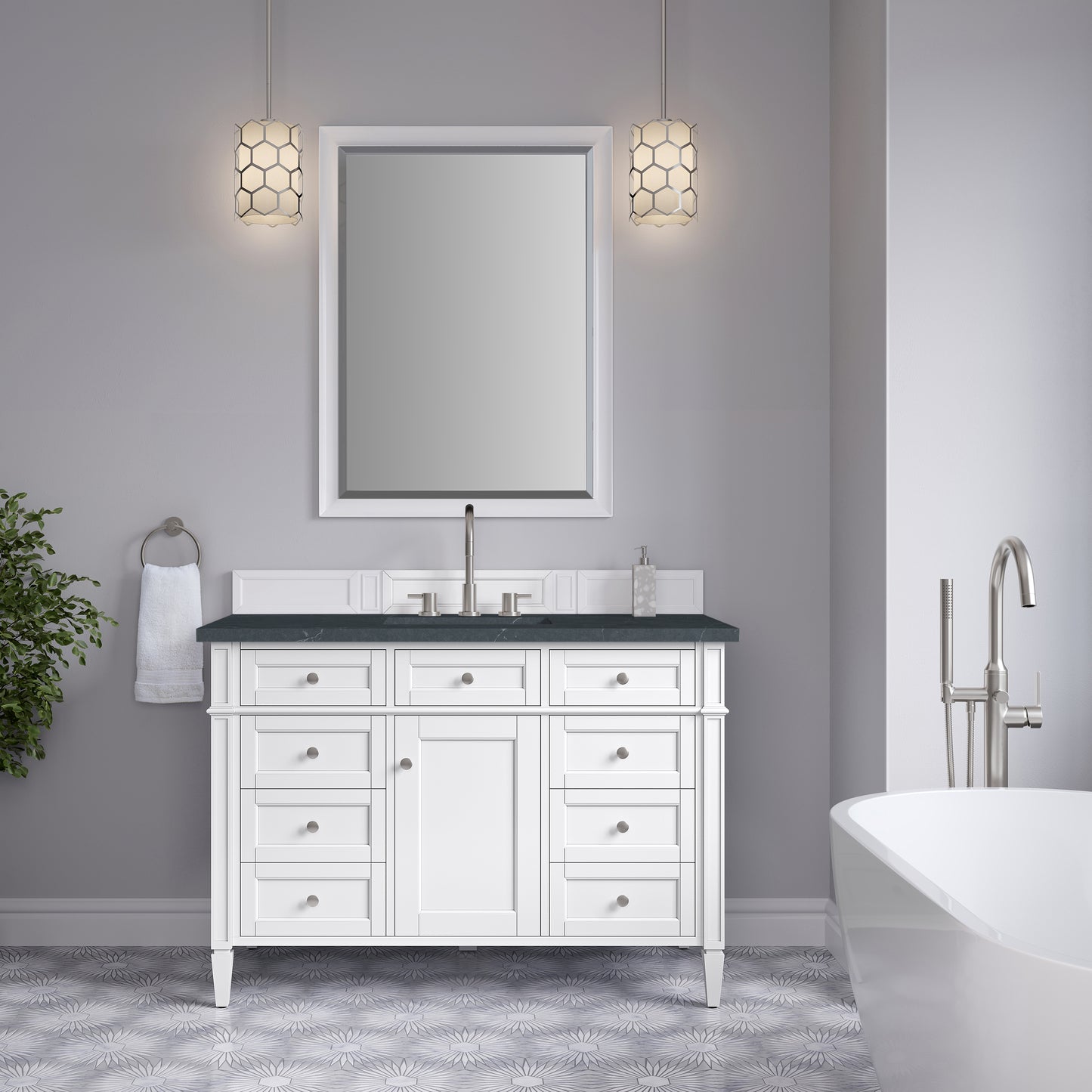 Renovate for Less Atlanta Brittany 48" Single Vanity, Bright White w/ 3 CM Charcoal Soapstone Silestone Top
