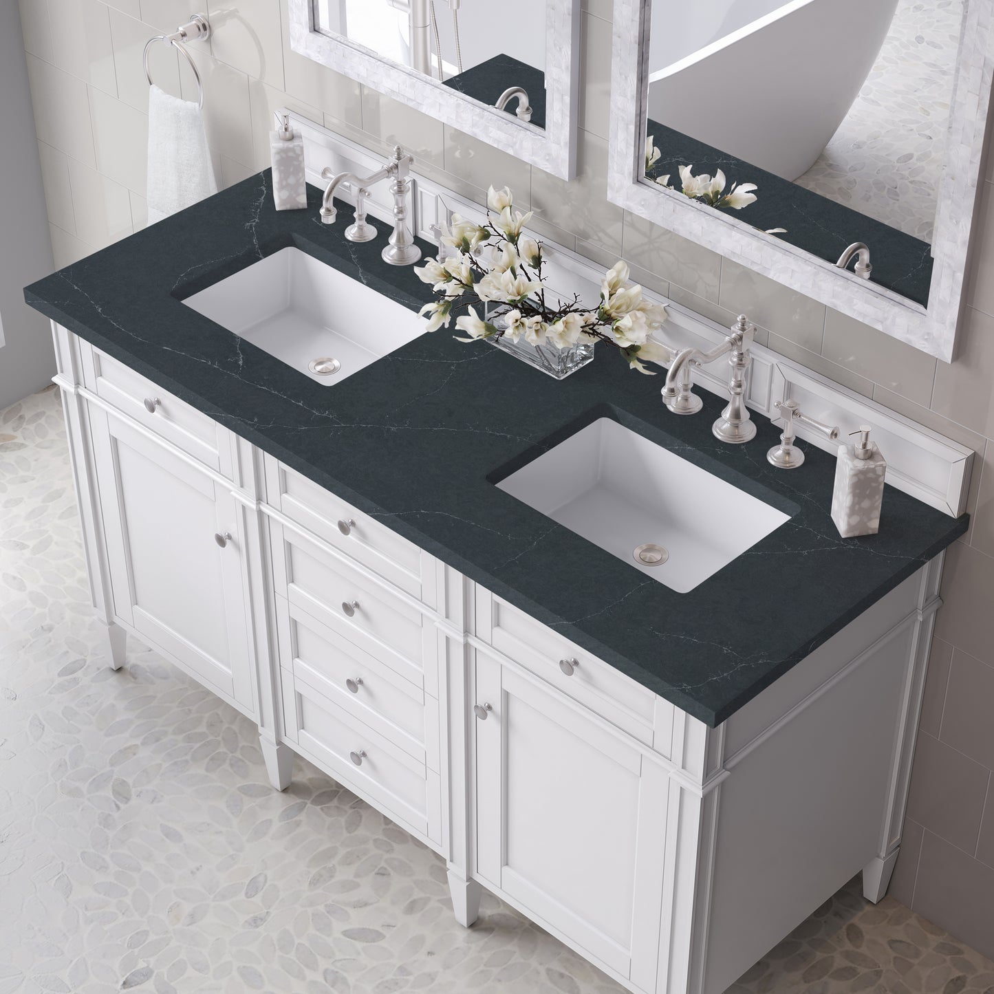 Renovate for Less Atlanta Brittany 60" Double Vanity, Bright White Vanity w/ 3 CM Charcoal Soapstone Silestone Top
