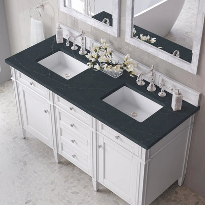 Brittany 60" Double Vanity, Bright White Vanity w/ 3 CM Charcoal Soapstone Silestone Top