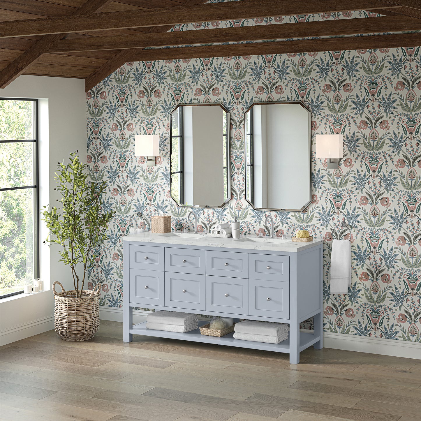 Renovate for Less Atlanta Breckenridge 60" Double Vanity, Serenity Blue, w/ 3 CM Ethereal Noctis Quartz Top