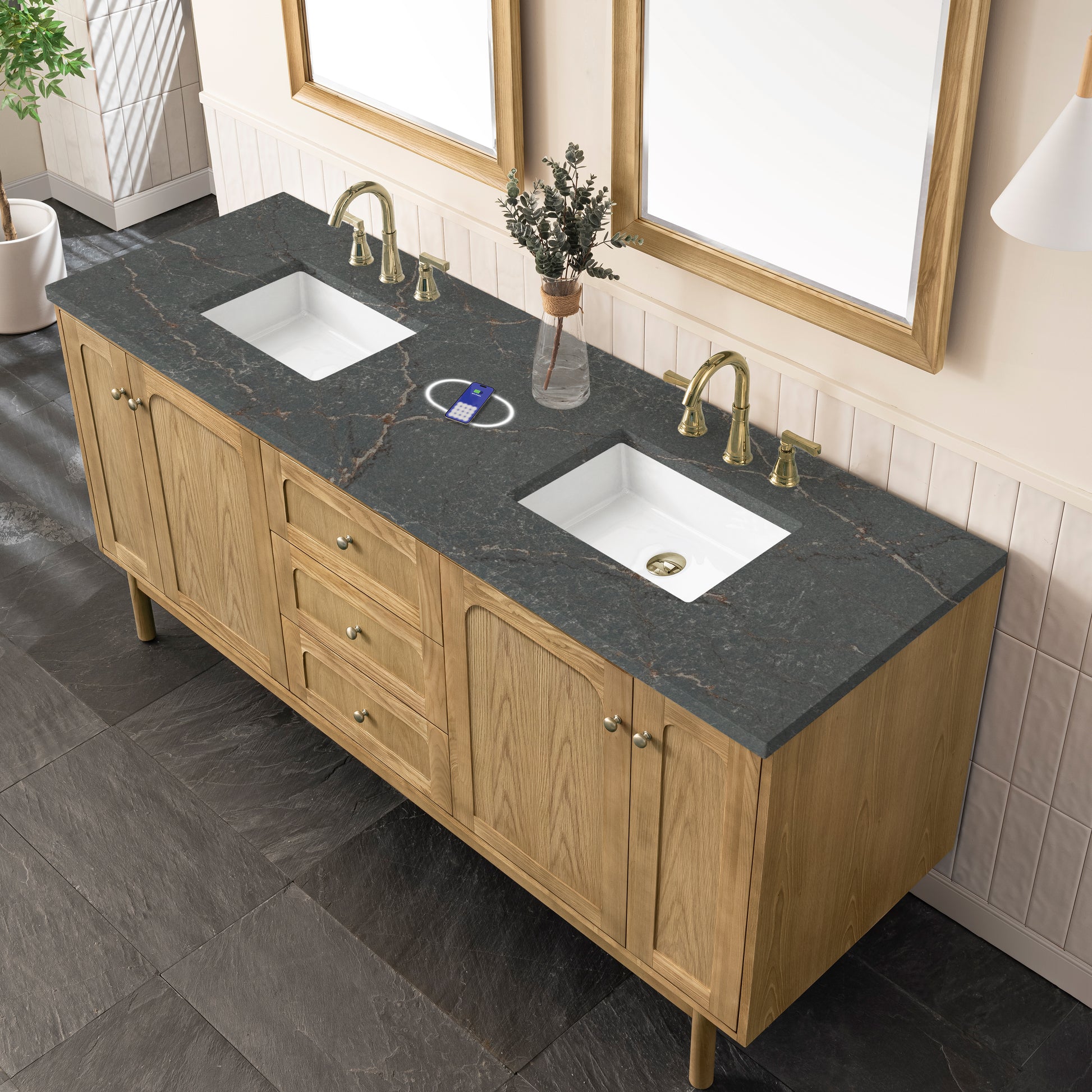 Renovate for Less Atlanta Laurent 72" Double Vanity, Light Natural Oak w/ 3 CM Parisien Bleu Top w/FreePower Wireless Charger
