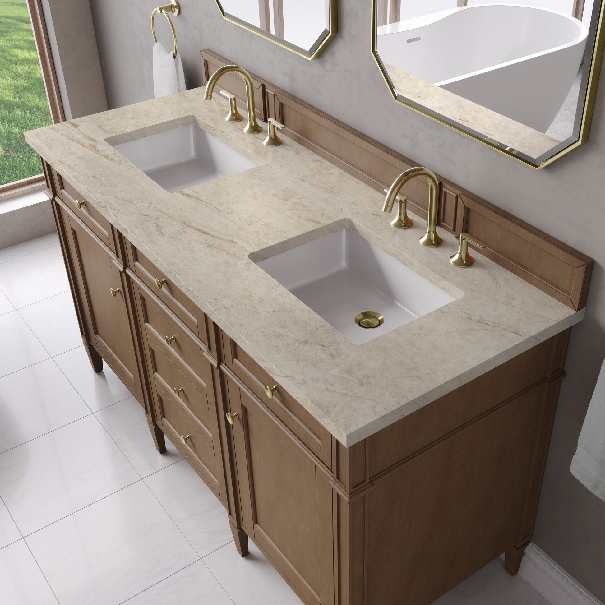 Renovate for Less Atlanta Brittany 60" Double Vanity, Pecan w/ 3 CM Tajnar Eclos Top