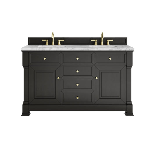 Brookfield 60" Double Vanity, Black Onyx w/3 CM Carrara White Marble Top